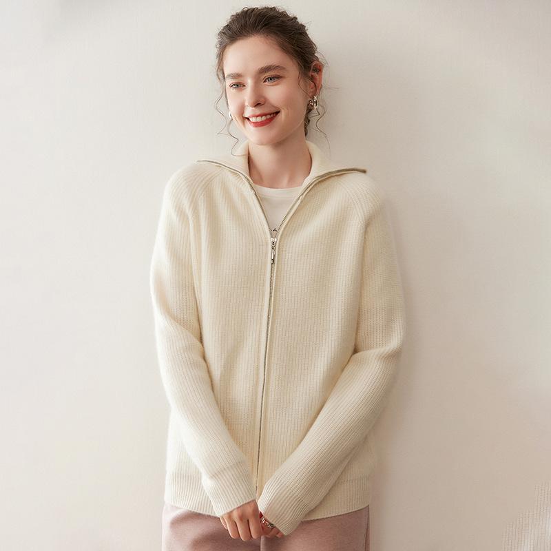 Women's Retro Cashmere Stand Collar Cardigan - Double Zipper, Long Sleeve, Age-Reducing Base Layer Top