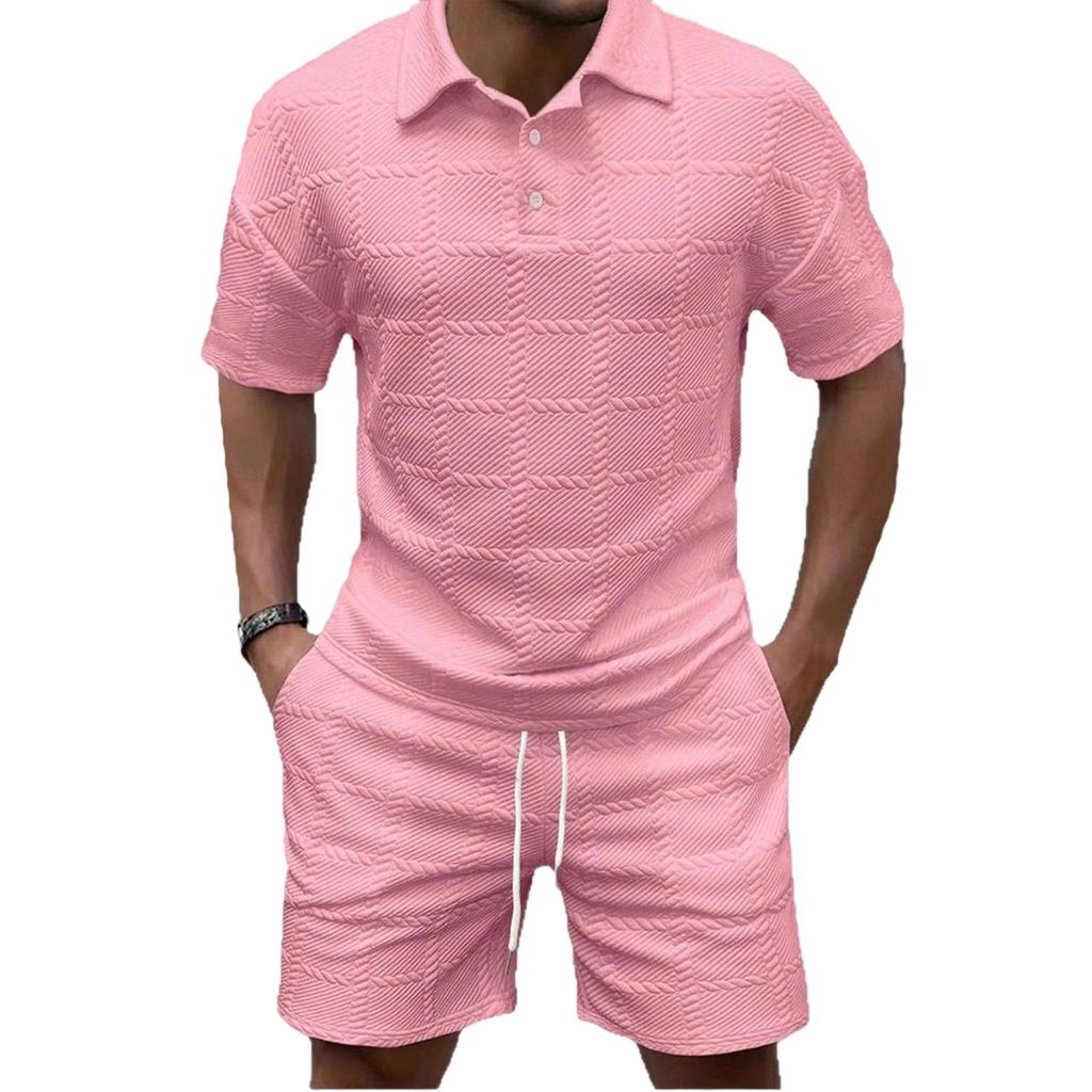 Men'S Solid Color Casual Collar Short Sleeved Shorts Two-Piece Set