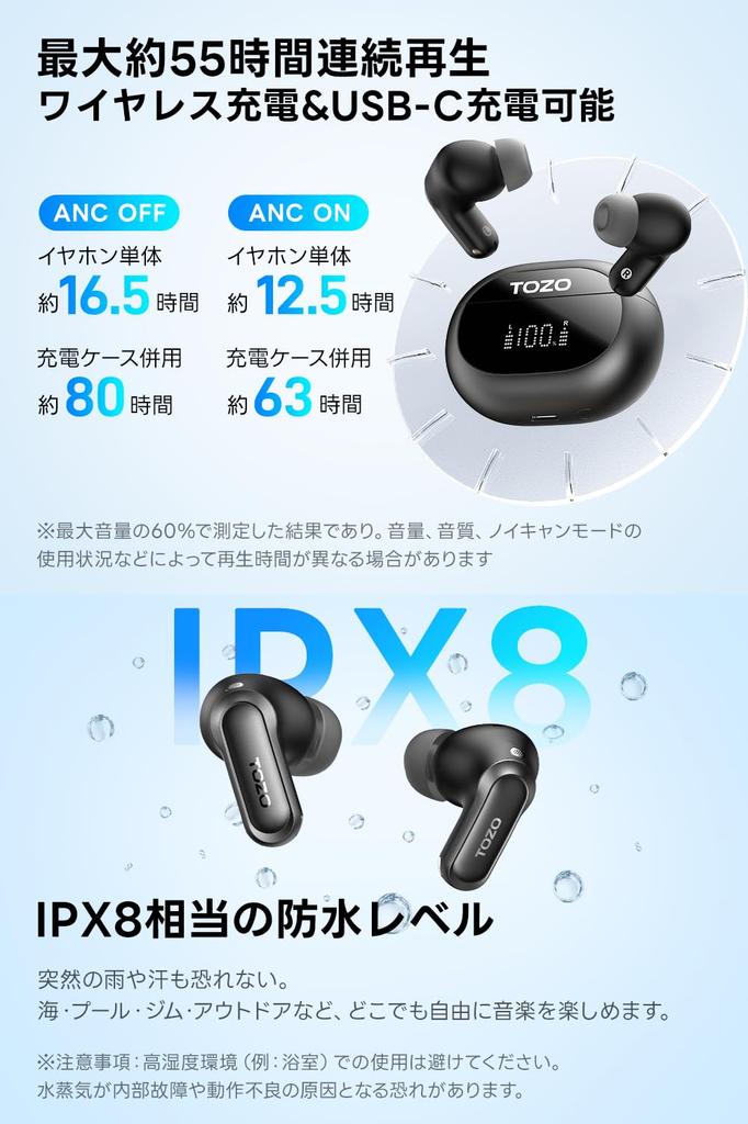TOZO NC20 Bluetooth Wireless LDAC 3D Wear Active Noise 52dB AI Noise Warm Sound Custom EQ App IPX8 Lightweight per Up to 80 Hours of Wireless Fast