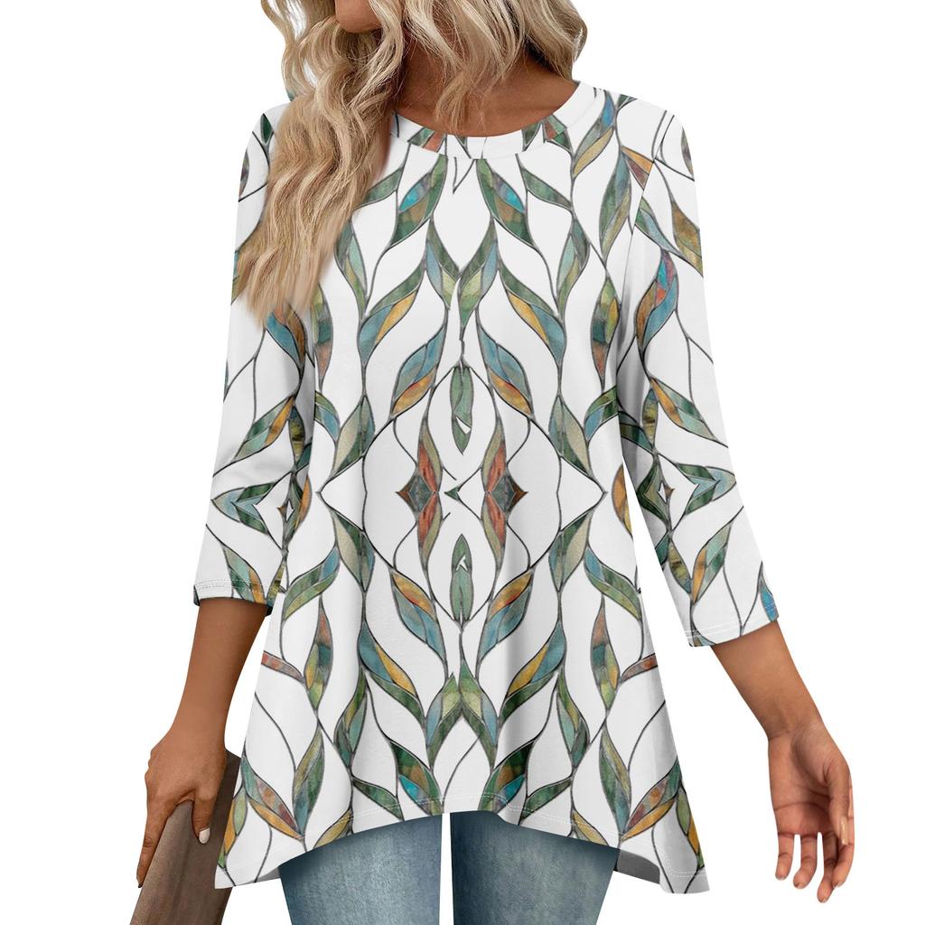 Tunic Tops For Women Loose Fit Prints Tops 3/4 Length Sleeve Womens Tops With Asymmetrical Hem