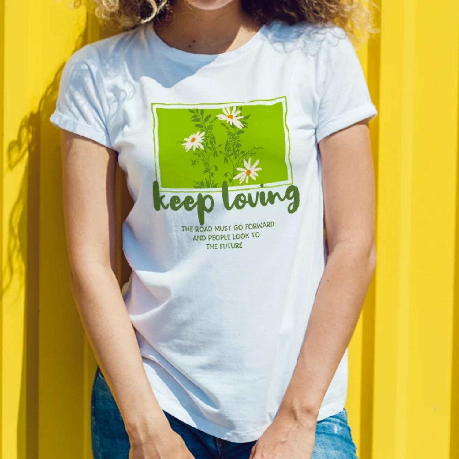 

Summer themed Womens Short Sleeve Cotton T Shirt keep loving Daisy Print for Casual Walks Young Women with an Optimistic Style XXXXXL білий