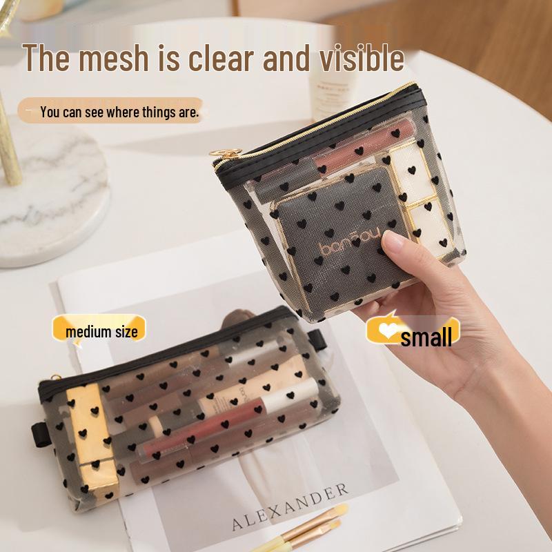 Heart Mesh Portable Cosmetic Bag - Elegant and Simple Design