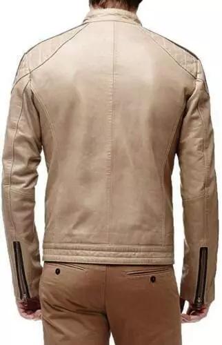 Beige Men's Jacket Genuine Soft Lambskin Leather Handmade New Biker Motorcycle