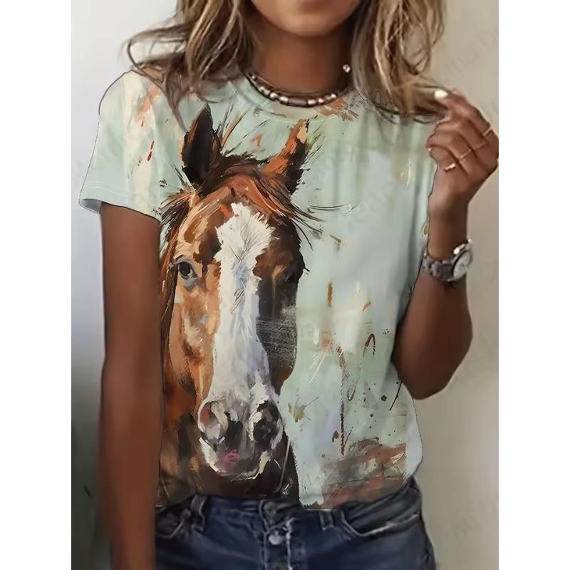 Summer Fashion Women's Animal T Shirt Stylish Kawaii Cat Printed Casual Short Sleeve Crew Neck Tees Round Neck Regular Tops