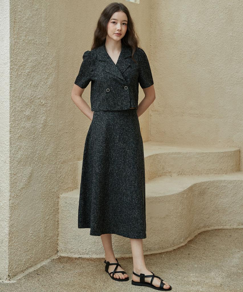 Bye Bye Seop Tweed A-Line Long Skirt Black [T42]