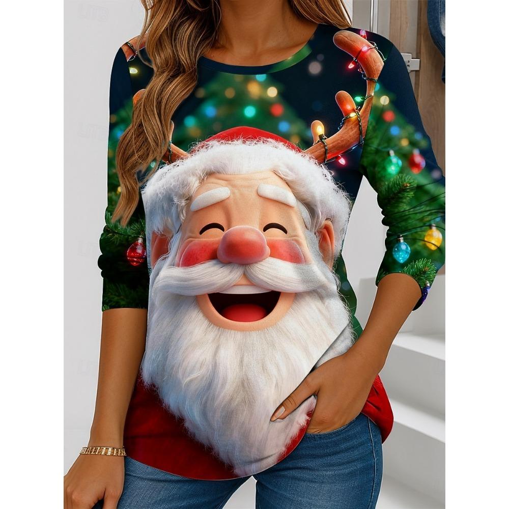Women's Santa Claus Printed Christmas Theme Crew Neck Long Sleeve T-shirt Casual Comfortable Polyester Christmas Party Pullover