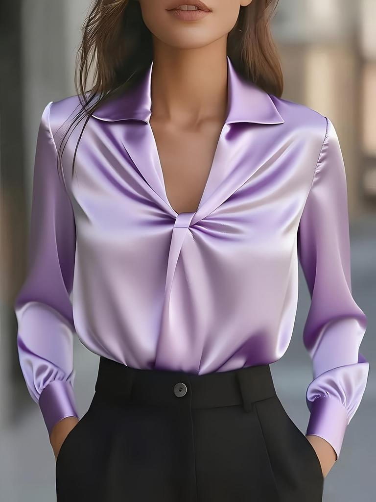 Women's Autumn Fashion Solid Satin Pleated Long Sleeve Shirt