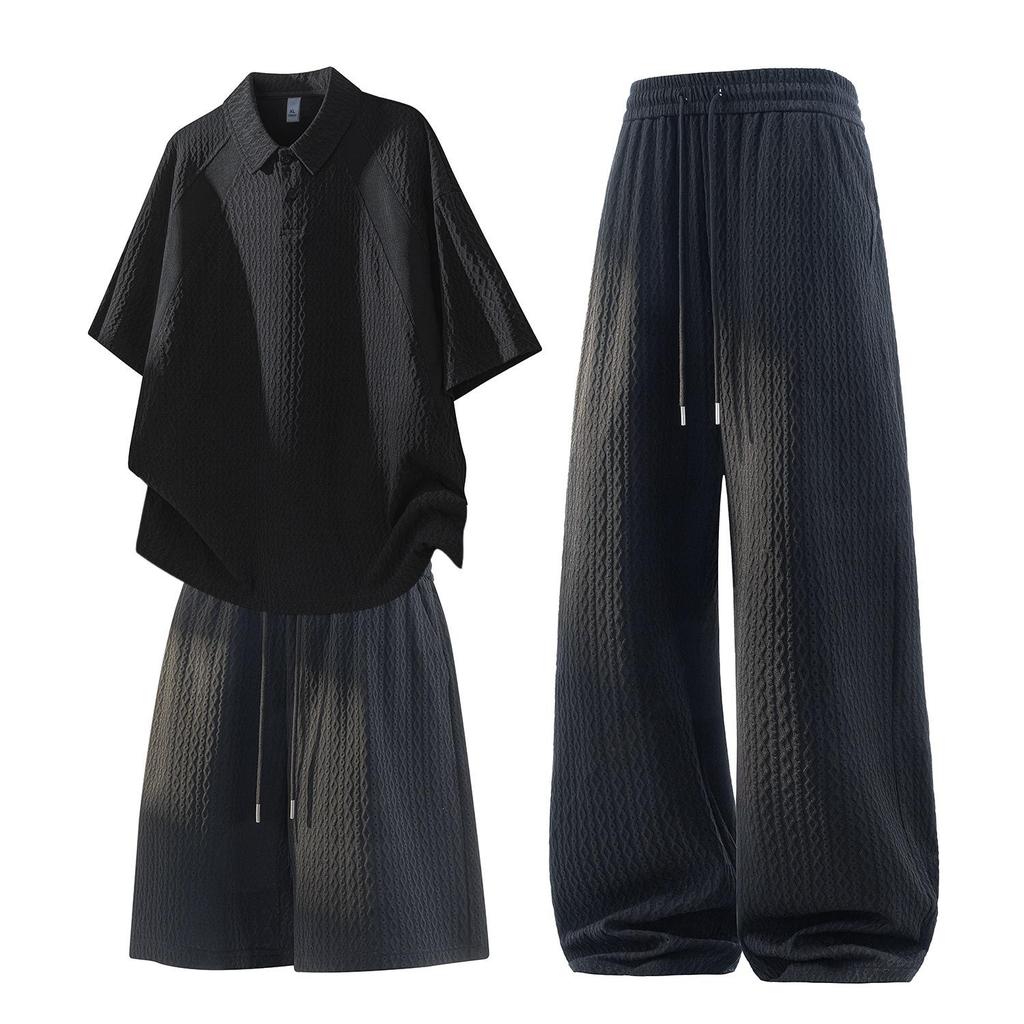 Men's Jacquard American Style Three-Piece Set: Short-Sleeved Polo, Shorts, and Summer Long Pants
