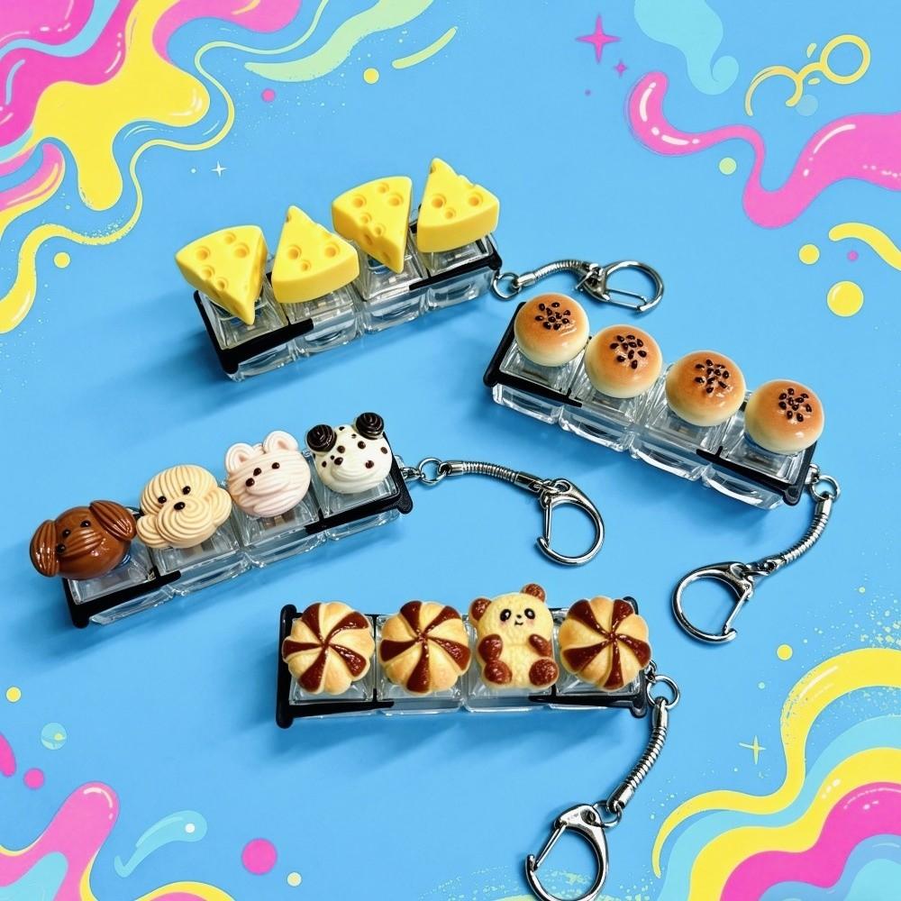 Finger Button 4 Key Mechanical Keychain Pressable Toy Mini Bread Model Pendant  Kids Gift
