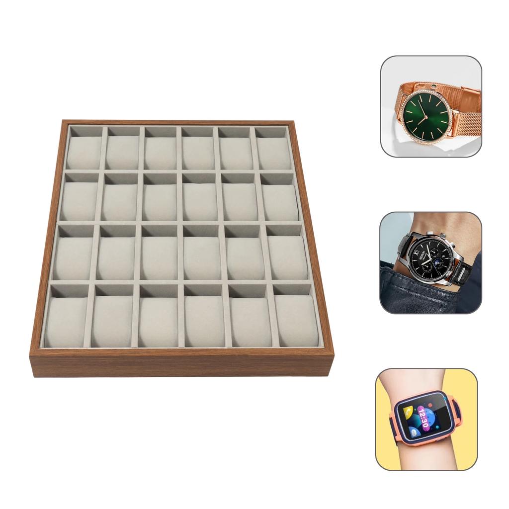 24 Grids Jewelry Tray Organizer, Wooden Watch Display Tray, Flannel Watch Storage Jewelry Watch Show Case, with Pillow