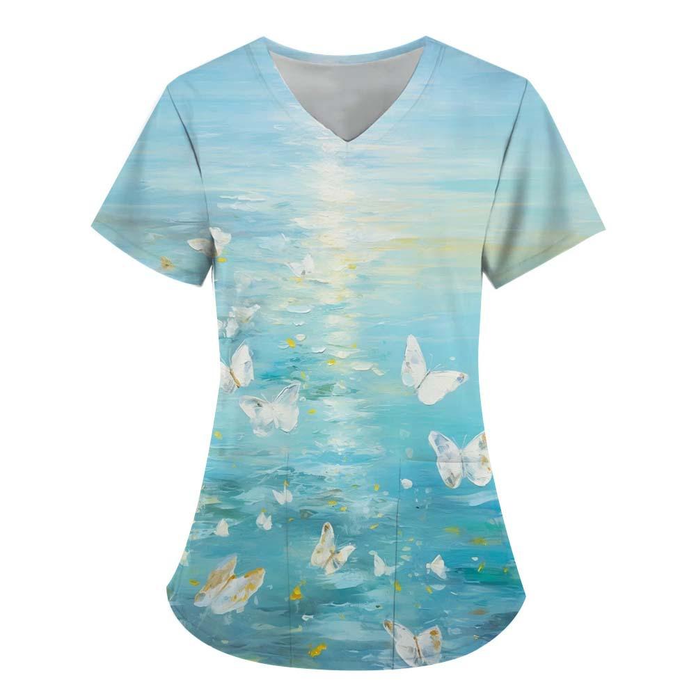 Women's T-shirt V-neck Nurse Uniform Commuting Comfortable Short Sleeved Butterfly Printed T-shirt for Women