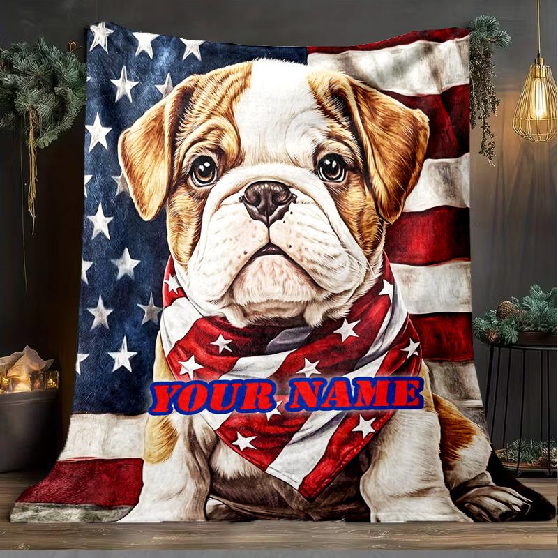 1PC Custom Name American Bulldog Pride outdooor Flannel blankets Patterns Throw Blanket All-Season Soft Gift for Couch, Bed, Camping gifts