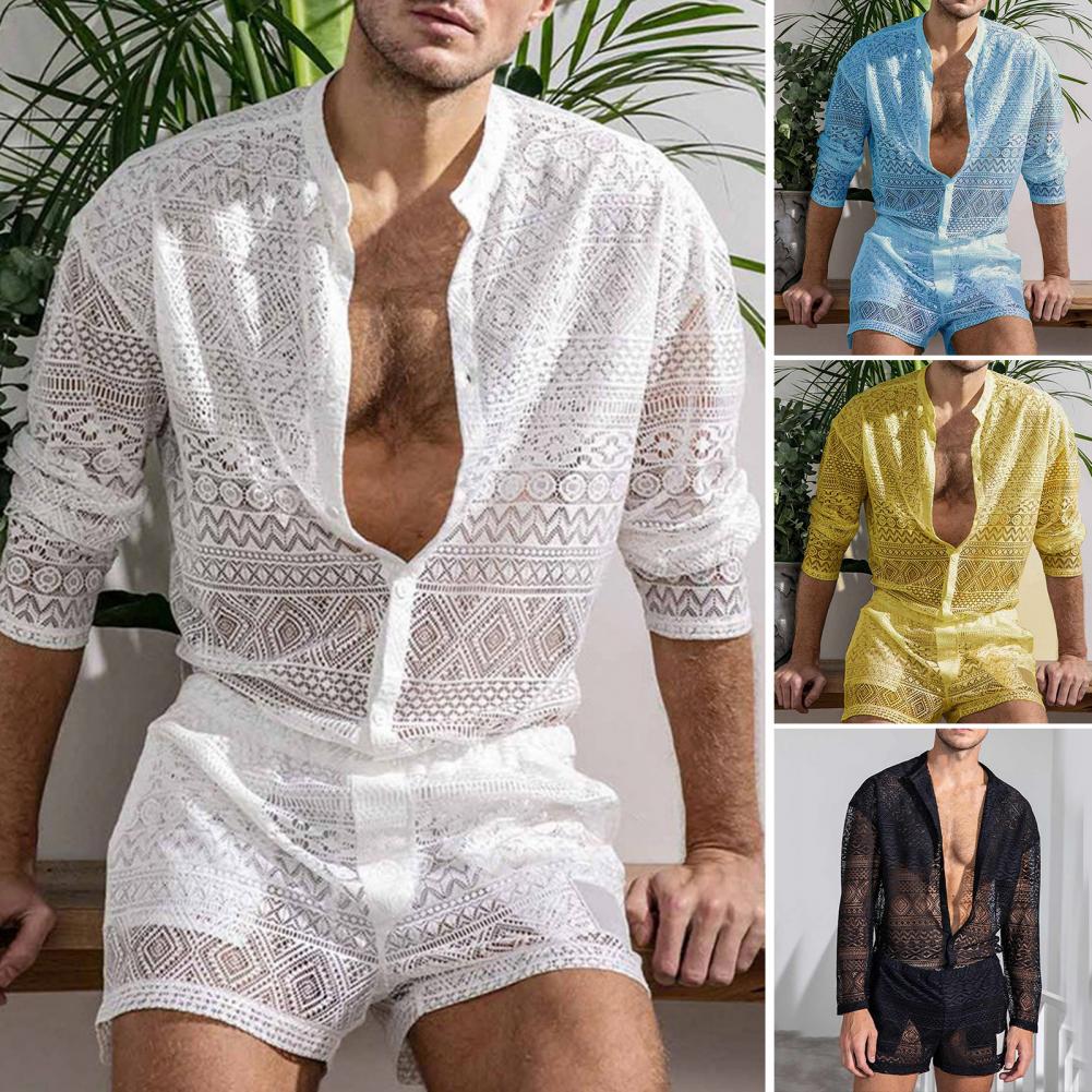 1 sada Populární pánský outfit Sexy muži Top šortky Hollow Out Průhledné Háčkované Košile Šortky Single Breasted