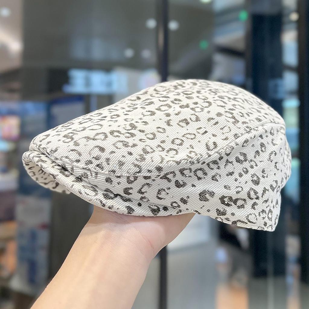 Fashion Retro Leopard Print Beret Hat for Women Shiny Rhinestone Sun Visors Duckbill Cap Girls Female Outdoor Forward Hat