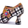 Johnature Retro Plaid Patchwork Comfortable High Heels Genuine Leather Rivet Fashion Women's Pumps