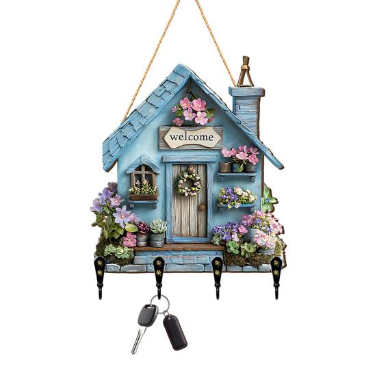 Hängendes Schild 'Feenhaus' aus Holz, Schlüsselhalter im Landhausstil Wanddeko mit 4 Haken, Vintage Blumen-Hängegestell für Eingangsbereich Flur Küche