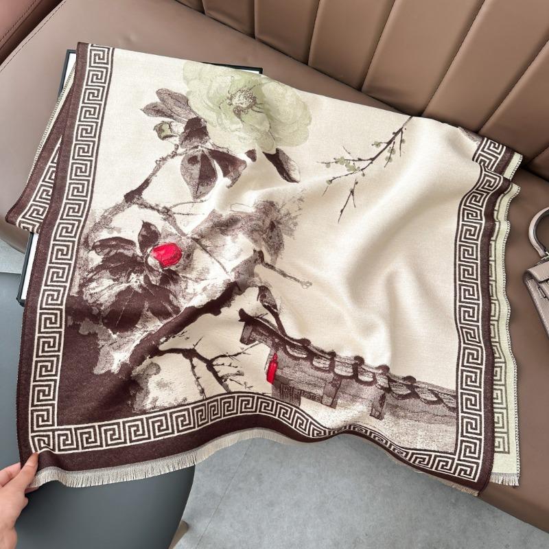Autumn and winter new imitation cashmere plum blossom retro ink painting style travel photo warm scarf mother shawl outside