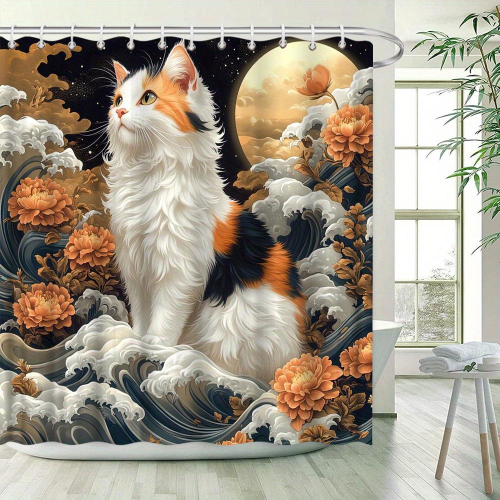 Calico Cat with Floral Waves Waterproof Shower Curtain for Modern Bathroom Decor, Stylish and Durable, Perfect for Home Use
