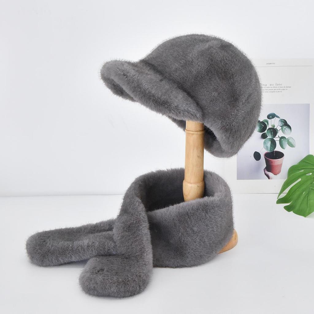 Autumn Winter Women's Faux Mink Fur Baseball Cap, Faux Fur Warm Hat Scarf Set 2Pcs, Outdoor Travel Lady Cap & Scarf Combo