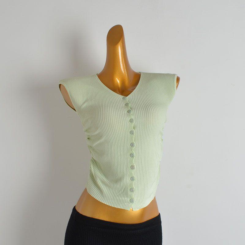 Summer Pure Color New Arrival V-neck Ruffled Sleeve Ice Silk Knitting Bottoming Cardigan Women's Clothing Fitted Waist Pleated T-shirt Tops Fashion