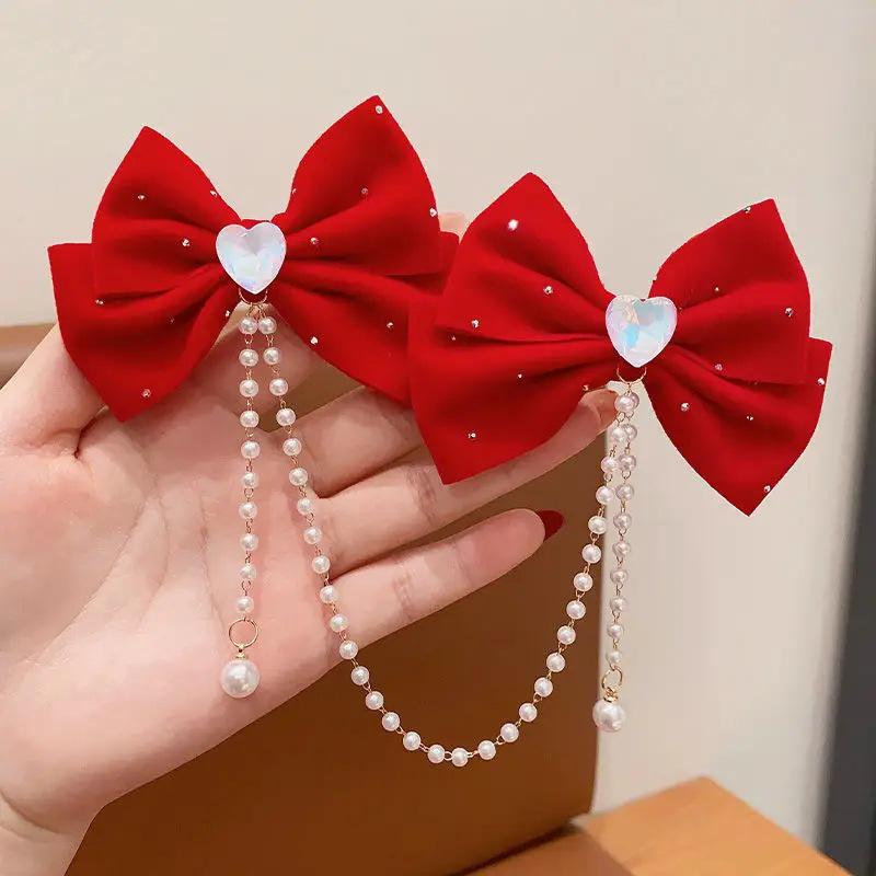 Girls' Bun Hairstyle Red Bow Hair Clip – Princess Headwear Accessory for Women & Children