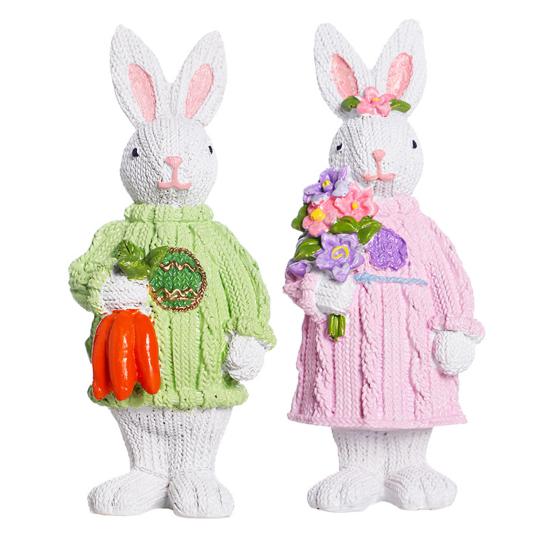 Easter Bunny Figurine Resin Rabbit Statue Holding Flowers/Carrots Spring Tabletop Ornament for Home Office Desk Shelf Decor