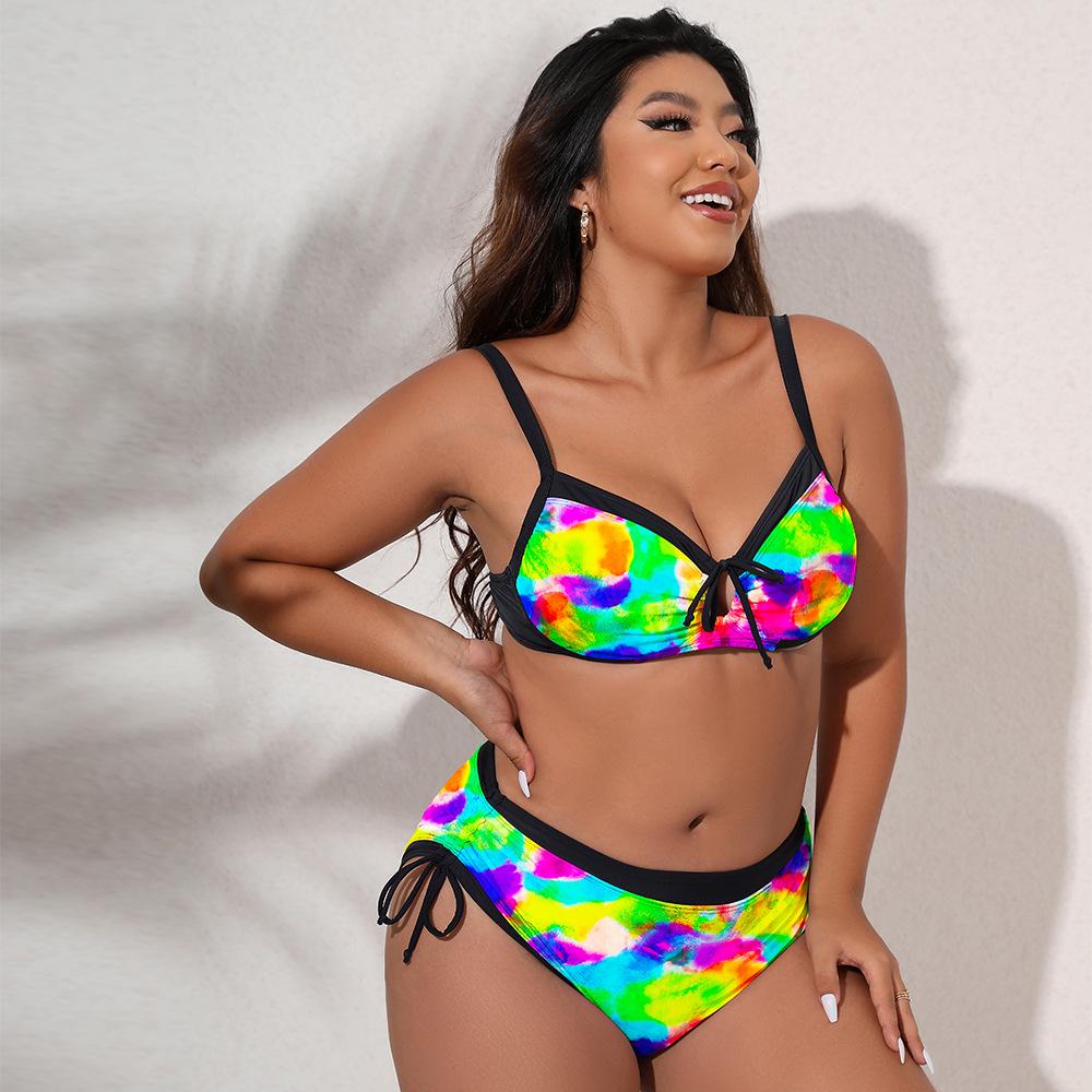 European & American Plus Size Adjustable Tie-up Bikini - Three-Color Print