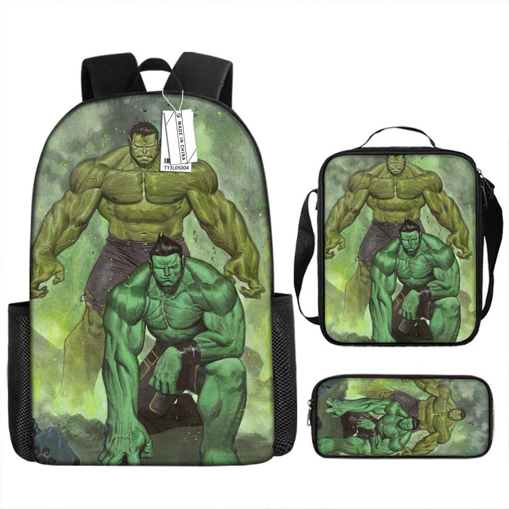 Children Backpack Three Piece Set With The Avengers Hulk Print Design For School Use