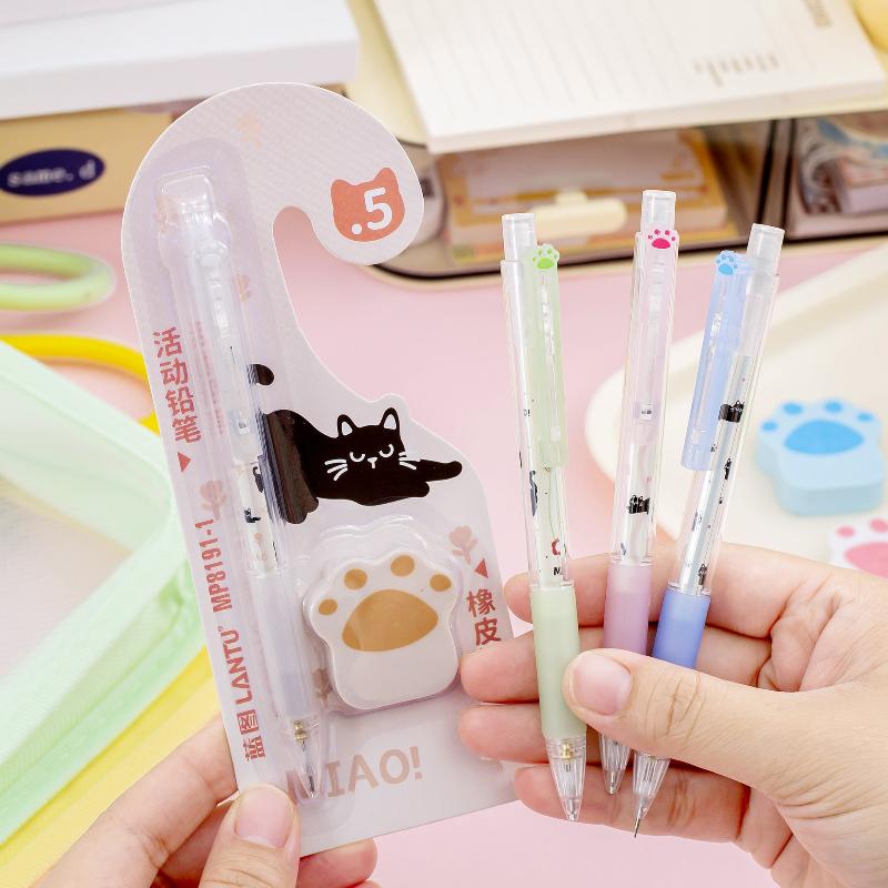Kawaii Cat Paw Mechanical Pencil Eraser Set Cartoon Automatic Pencils 0.5MM School Supplies For Kids Student Stationery Gift