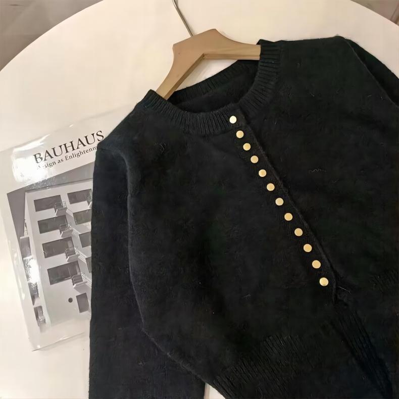Heavy Industrial Waist Cardigan Sweater Metal Button 2023 Autumn and Winter High Waist Long Sleeve Solid Women Knitting Cardigan