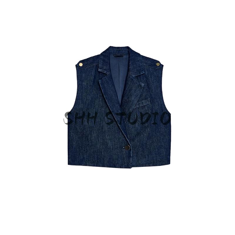 Women's Spring Clothing High Waist Wide Leg Jeans 2412040 Lapel Sleeveless Short Denim Vest 2413040
