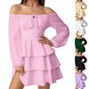 Women's Fashion Off-Shoulder Tie-Detail Pleated Long-Sleeve Fitted -Color Short Dress