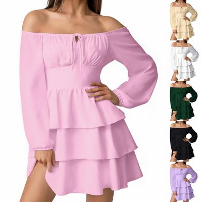 Women's Fashion Off-Shoulder Tie-Detail Pleated Long-Sleeve Fitted -Color Short Dress