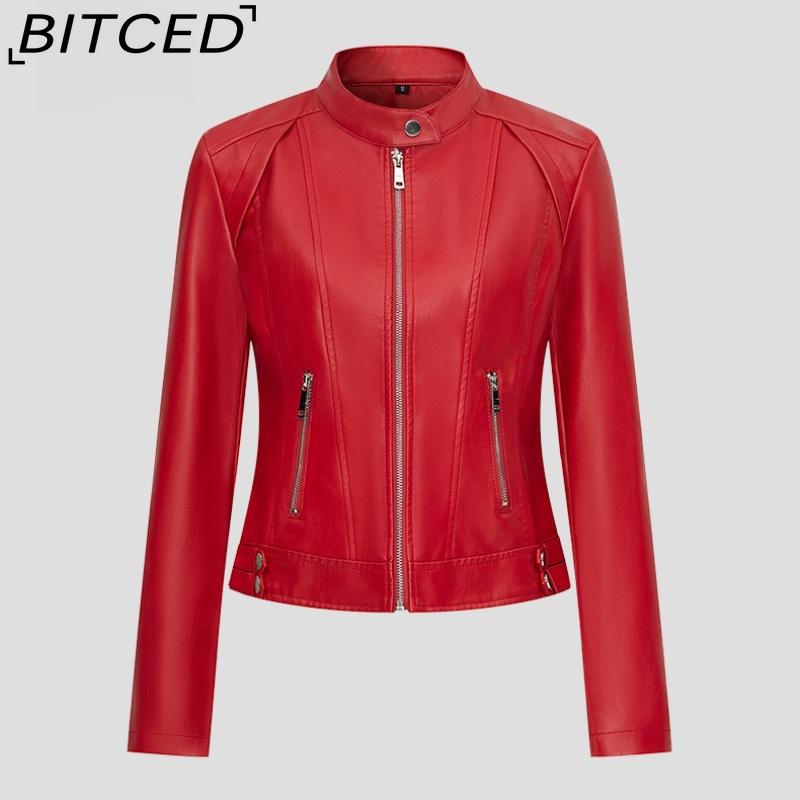 Fashionable Women's PU Leather Jacket, Stand Collar, Lightweight Spring/Autumn Style, Red Leather Jacket