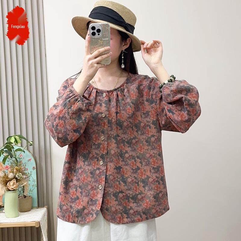

Women s Loose Floral Puff Sleeve Cotton Linen Top 5x1