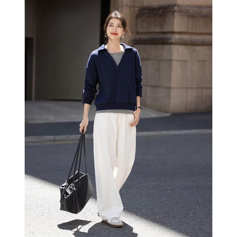 Demana Women's Winter Faux Two-Piece Color Block Lapel Sweatshirt