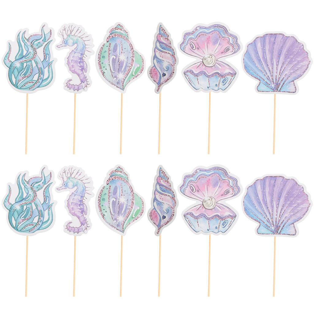 12 Piezas Adorno Inserto de Pastel Sirena con Purpurina Caballito de Mar Estrella de Mar Topper de Pastel Topper para Postre de Cupcake Baby Shower Cumpleaños