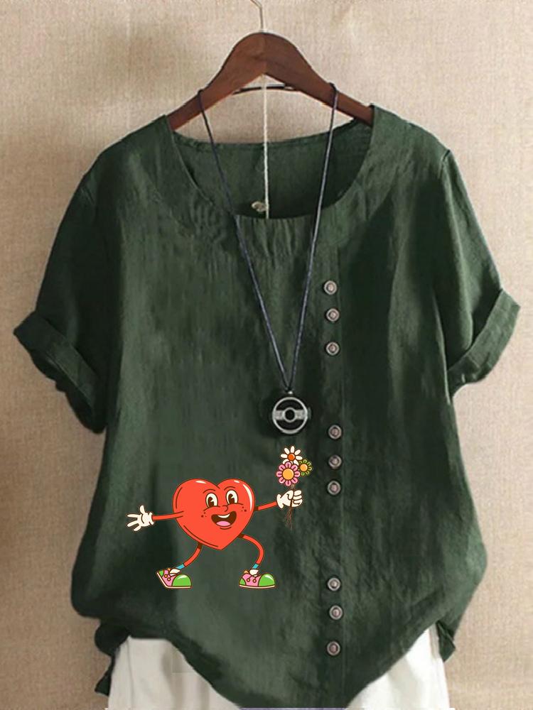 Women's Fashion Heart Shaped Floral Print Round Neck Short Sleeve T-shirt Summer Casual Cotton Linen Graphic Shirt Leisure Loose Blouse Tops