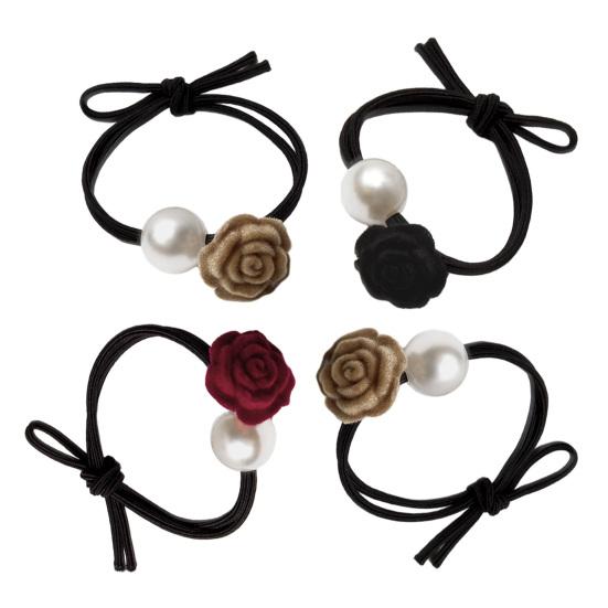 4Pcs Hair Rope Flocking Rose Flower Imitation Pearl Decor Hair Tie Soft No