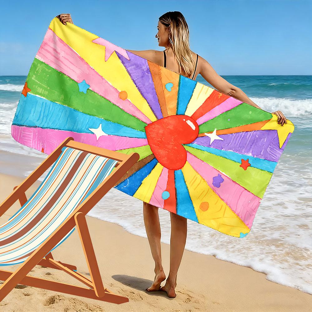Colorful Heart with Starburst Pattern Beach Towel Quick-drying for Travel Outdoor Sports Jogging Beach and Swimming