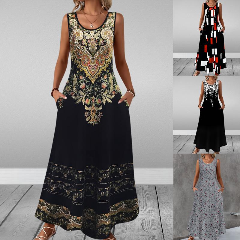 Plus Size Women Summer Dress Elegant Round Neck Sleeveless Slim Print Pocket Dress Flattering Comfort