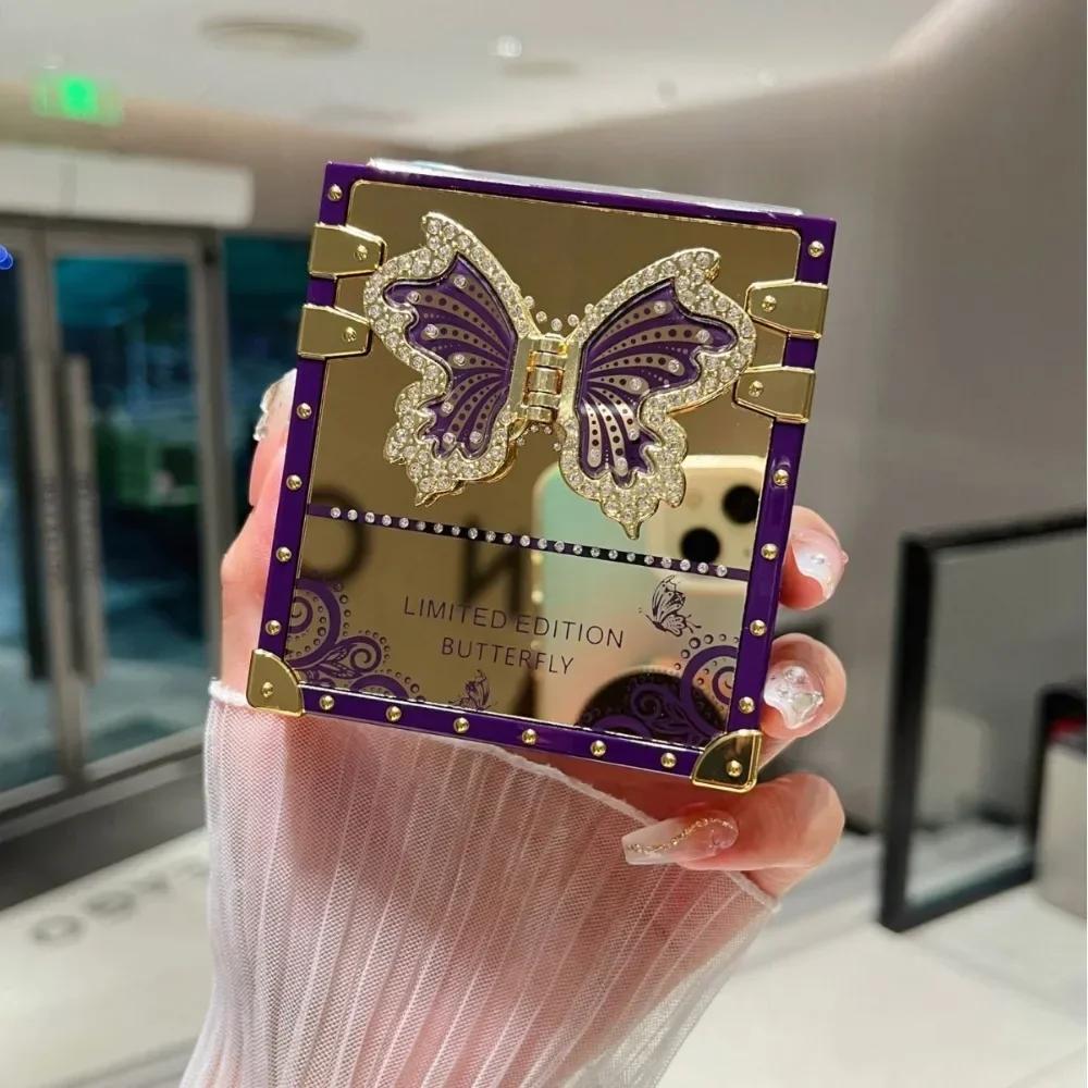 Cute Square Phone Case for Samsung Galaxy Z Flip 6 5 4 3 Flip6 Flip5 Flip4 Flip3 5G Luxury Bling Glitter Butterfly Stand Cover