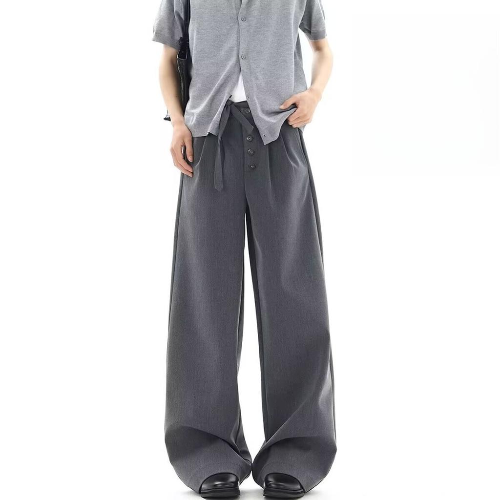 New solid color breasted design trousers men's pleated old money style high-end trendy brand loose wide-leg straight trousers