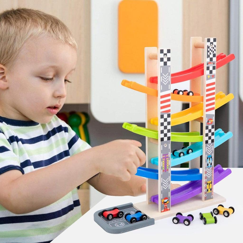 Wood City Kleinkindspielzeug für 1 2 3 Jahre, Holzauto-Rennbahn-Rennfahrer-Spielzeugfahrzeug-Set mit 7 Miniautos & Rennstrecken, Montessori-Spielzeug Bastelgeschenk für