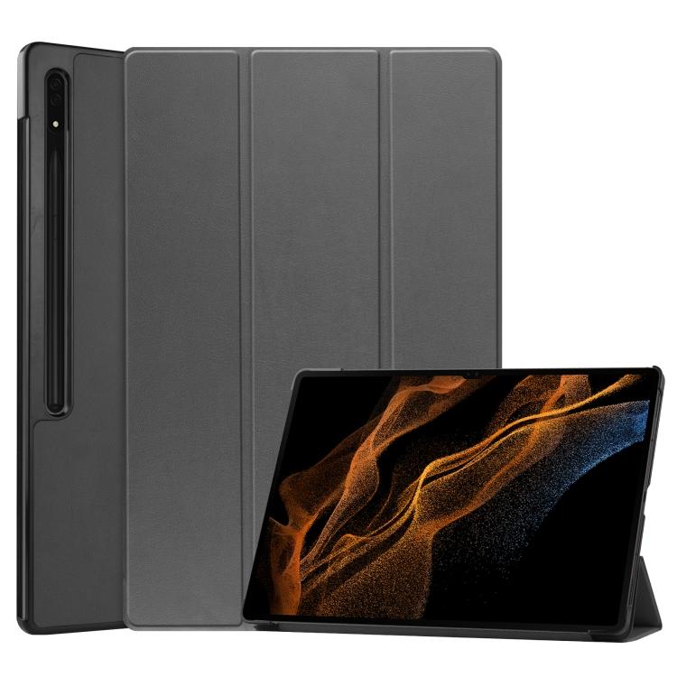 

For Samsung Galaxy Tab S8 Ultra Three-folding Holder Custer Texture Leather Tablet Case For Samsung Galaxy Tab S8 Ultra темно-сірий колір