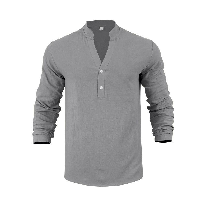 Linen Shirt Stand Collar Button-Up Men's Loose-Fit Casual Breathable V-Neck Henley Long-Sleeved T-Shirt for Men