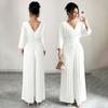 Women's V Neck Long Sleeve Jumpsuit Loose High Waist Elegant Solid Pleated Wide Leg Romper