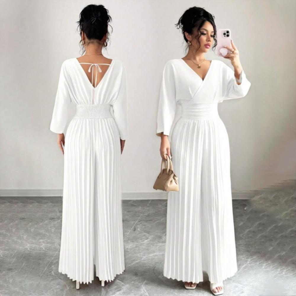 Women's V Neck Long Sleeve Jumpsuit Loose High Waist Elegant Solid Pleated Wide Leg Romper