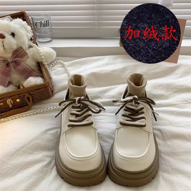 With Skirts, Small Leather Shoes, Women's Autumn 2025 New Retro British Style Velvet Versatile Round Head Thick Sole Height Increase Single