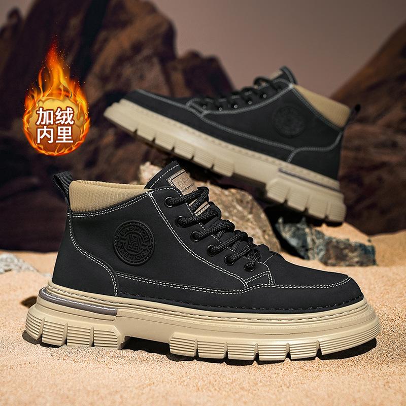 Leather Velvet Martin Boots Men's Medium Help Autumn and Winter Thickened Tooling Shoes Retro Trend Lace-up Heightening Shoes